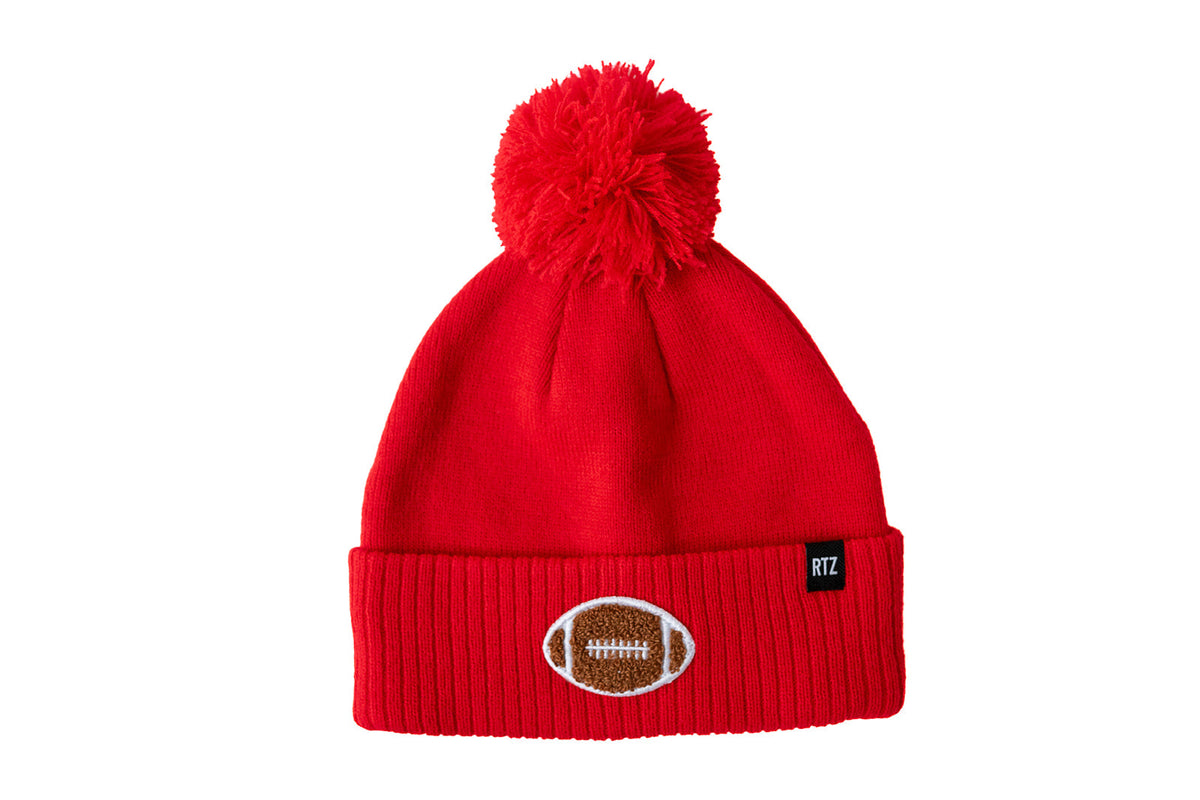 Rey To Z wild Cherry pom-pom hat with a football patch