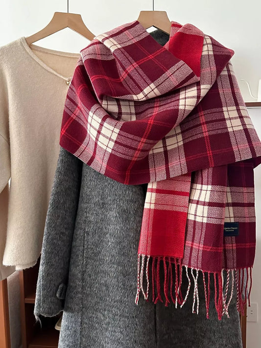 Unisex Classic Fringe Plaid Scarf in Red - front view 1