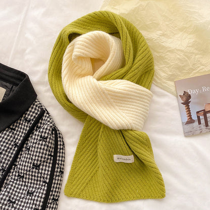Unisex Two-Tone Ribbed Knit Winter Scarf — lime and cream scarf looped over a checked coat