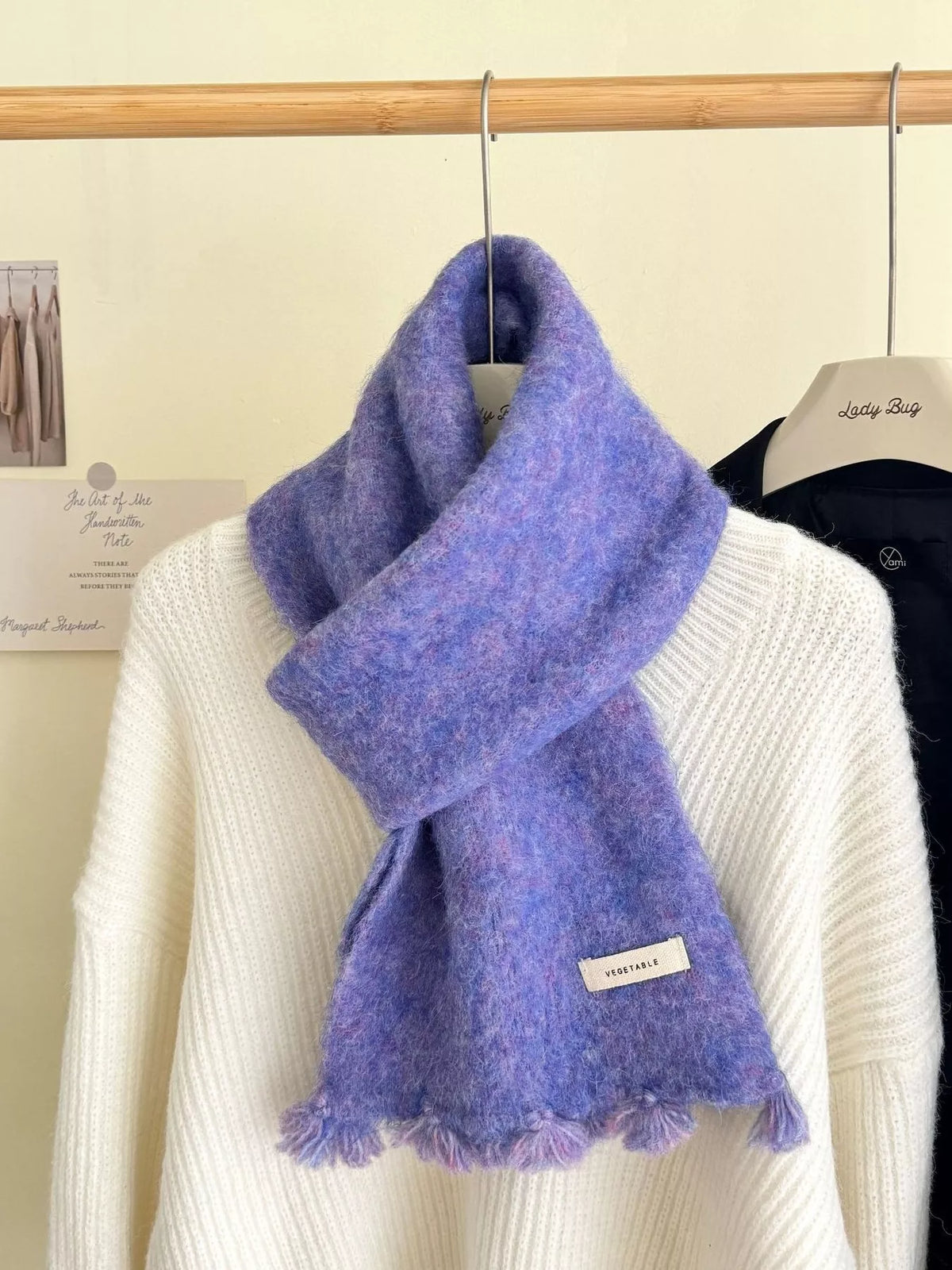 Unisex Tassel Knitted Scarf — lavender scarf showing knitted texture and tasseled edge