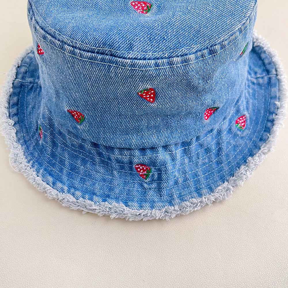 Women's Blue Strawberry Embroidered Denim Bucket Hat with Frayed Brim side angle