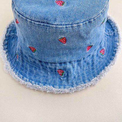 Women's Blue Strawberry Embroidered Denim Bucket Hat with Frayed Brim side angle