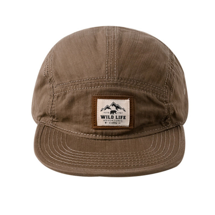 Khaki flat-brim five-panel cap side profile