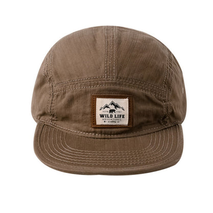 Khaki flat-brim five-panel cap side profile