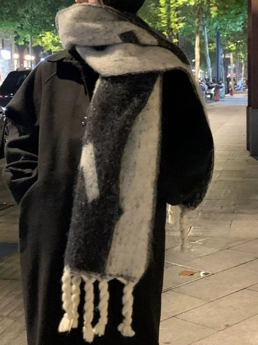 Unisex Oversized Chunky Knit Fringe Scarf in Gray - front view 1