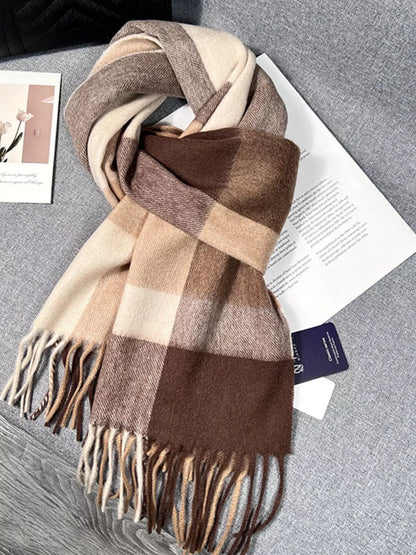 Unisex Plaid Scarf with Fringe — brown plaid scarf knotted with fringed ends