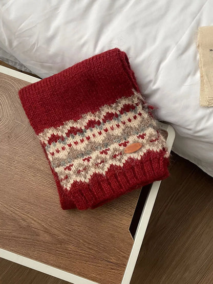 Unisex Nordic Motif Knit Scarf — folded red knitted scarf showing the end design
