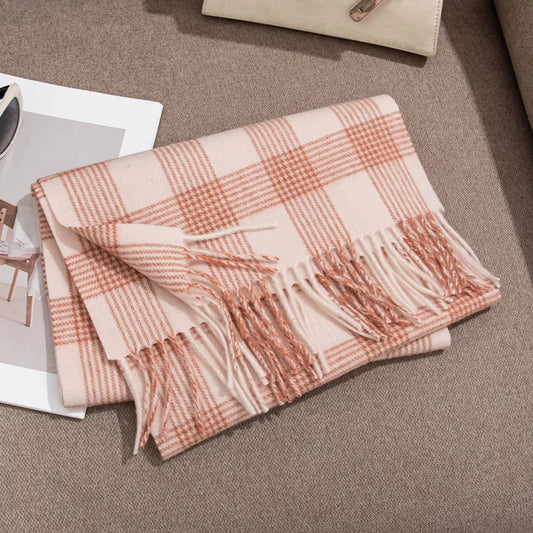 Unisex Soft-Touch Plaid Fringe Scarf in Watermelon pink - front view 1