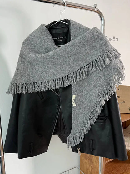 Women's Fringe Knit Triangle Wrap — light gray triangular shawl across a dark jacket