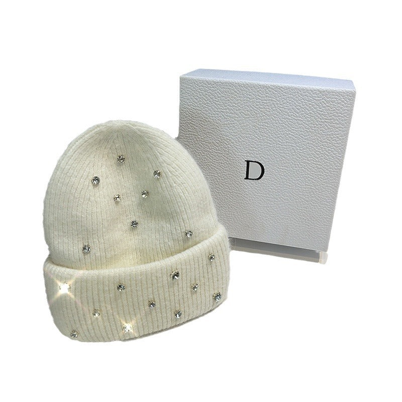 Women's Rhinestone Studded Knit Autumn-Winter Beanie — white rhinestone beanie shown beside a pale box