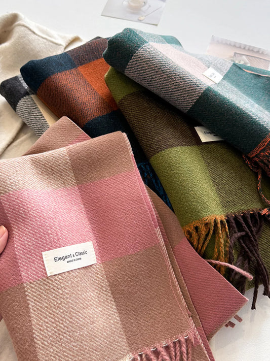 Unisex Lightweight Plaid Fringe Scarf in Pink - styled detail 2