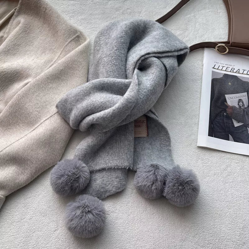 Unisex Pom-Pom Tassel Warm Scarf — looped gray scarf with rounded ends hanging down