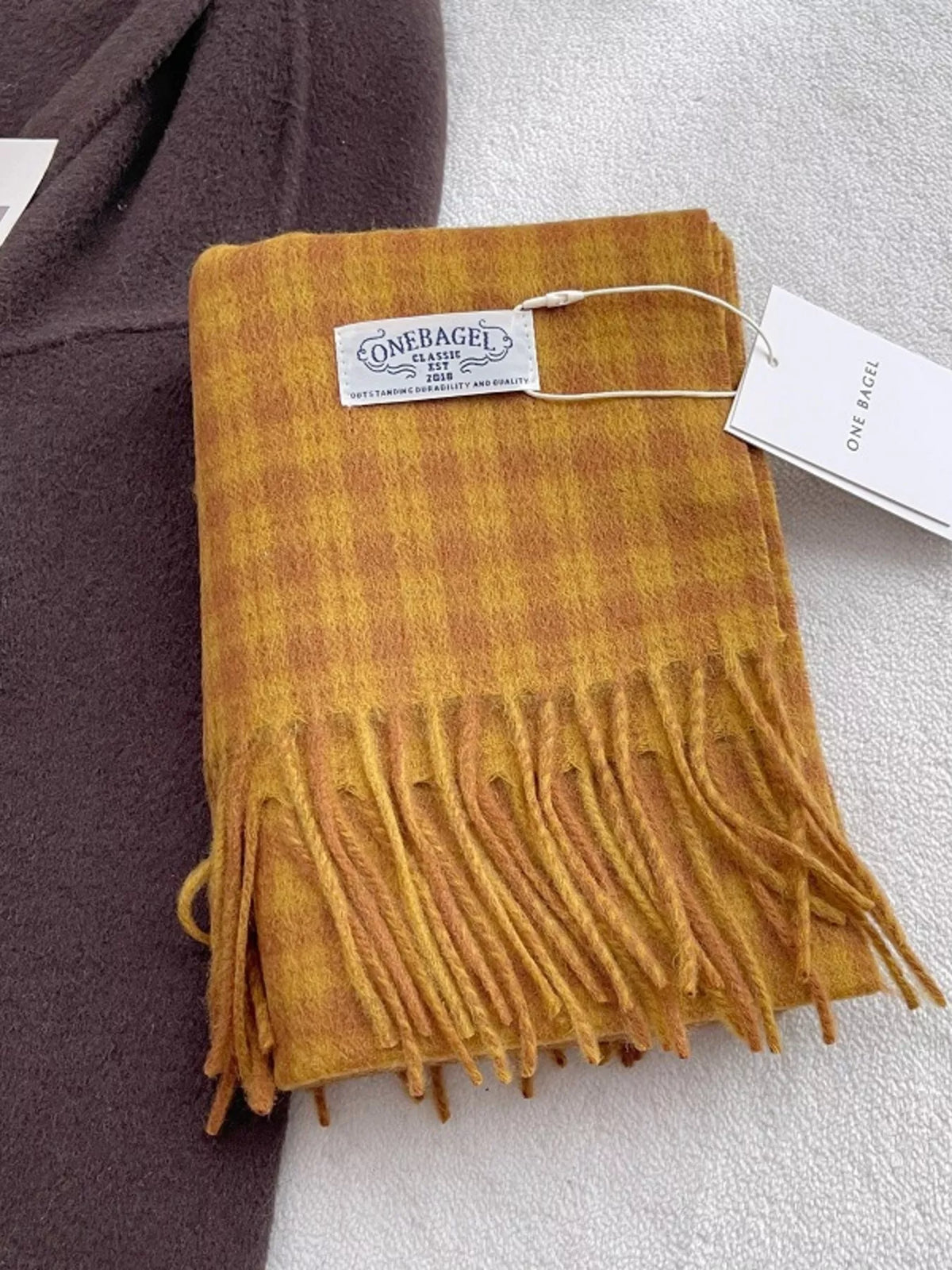 Unisex Fine Plaid Wool Fringe Scarf — yellow fine plaid wool scarf folded with fringe visible