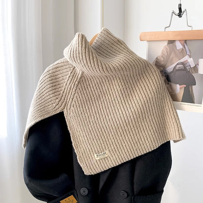Women's Ribbed Knit Turtleneck Shoulder Wrap — khaki ribbed shoulder wrap on a clothing hanger
