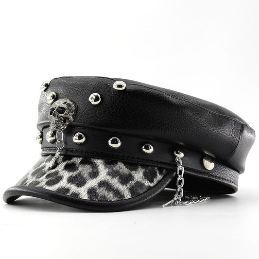 Unisex Black PU Leather Skull Punk Peaked Cap - Black front view