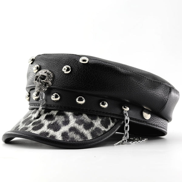 Unisex Black PU Leather Skull Punk Peaked Cap - Black front view