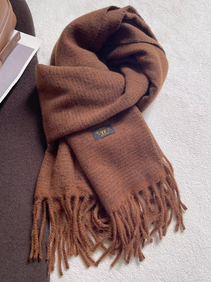 Unisex Warm Striped Tassel Scarf — caramel fine stripe scarf loosely knotted