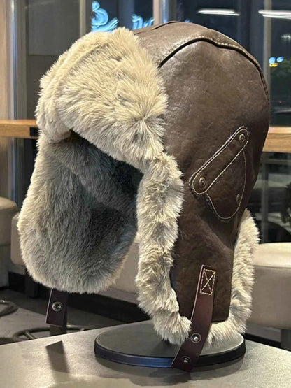 Brown warm fuzzy ear flap hat winter angle