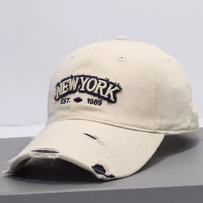 Khaki distressed baseball cap side profile