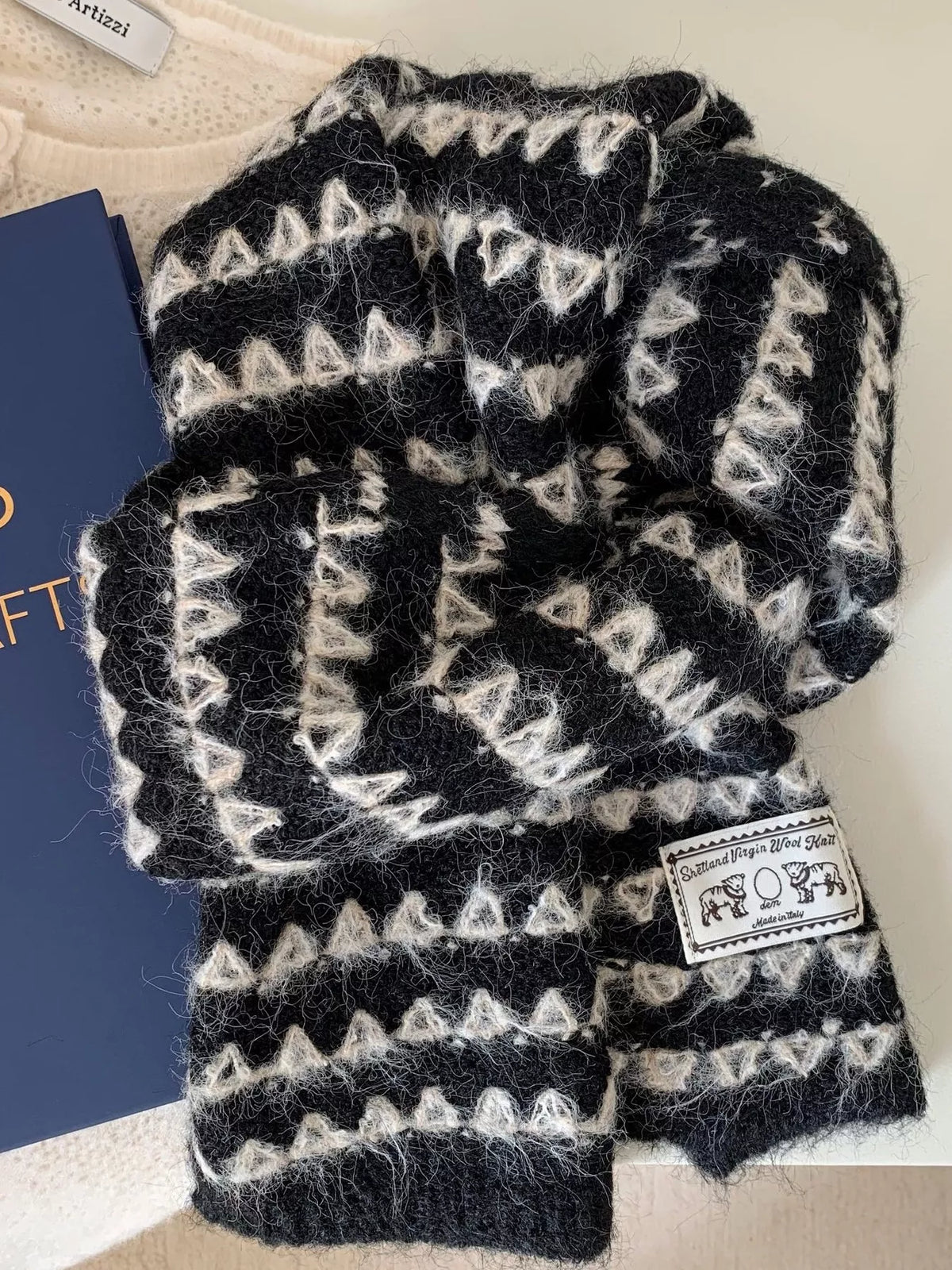 Unisex Vintage Knitted Pattern Scarf — black scarf with pale geometric rows and ribbed ends