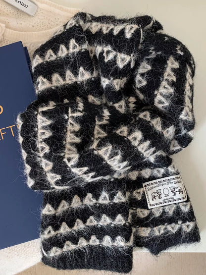 Unisex Vintage Knitted Pattern Scarf — black scarf with pale geometric rows and ribbed ends
