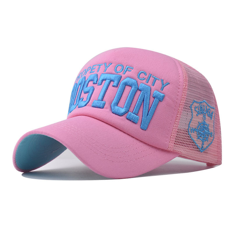 Pink Boston mesh cap with blue embroidery and brim underside