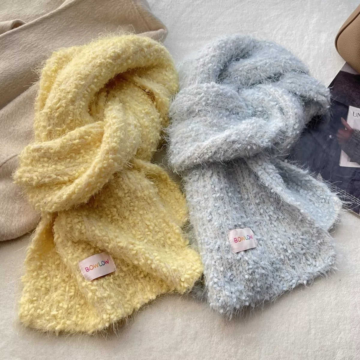 Unisex Soft Plush Winter Warm Scarf — yellow and pale blue plush scarves displayed side by side