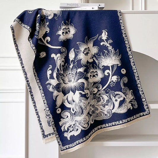 Women's Floral Raw Hem Winter Scarf in Indigo - styled detail 2