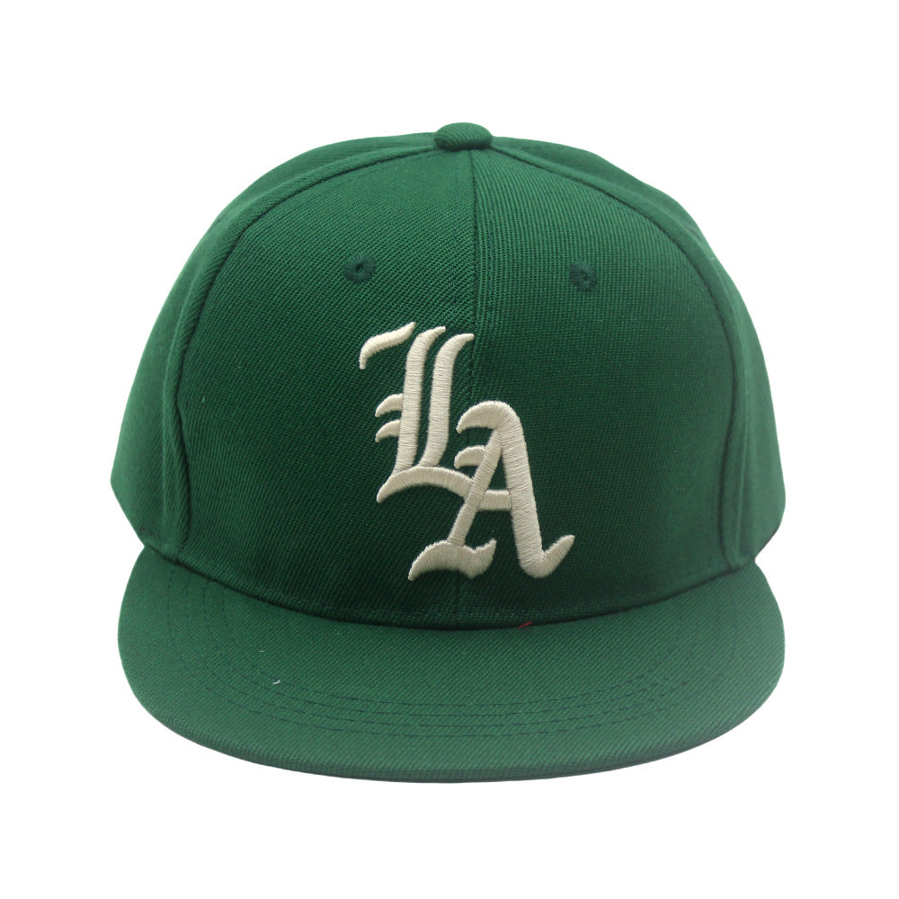 Unisex Khaki "LA" Embroidered Flat Brim Snapback Cap outfit styling angle