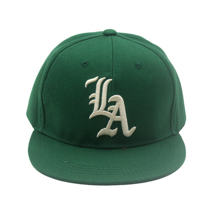 Unisex Khaki "LA" Embroidered Flat Brim Snapback Cap outfit styling angle