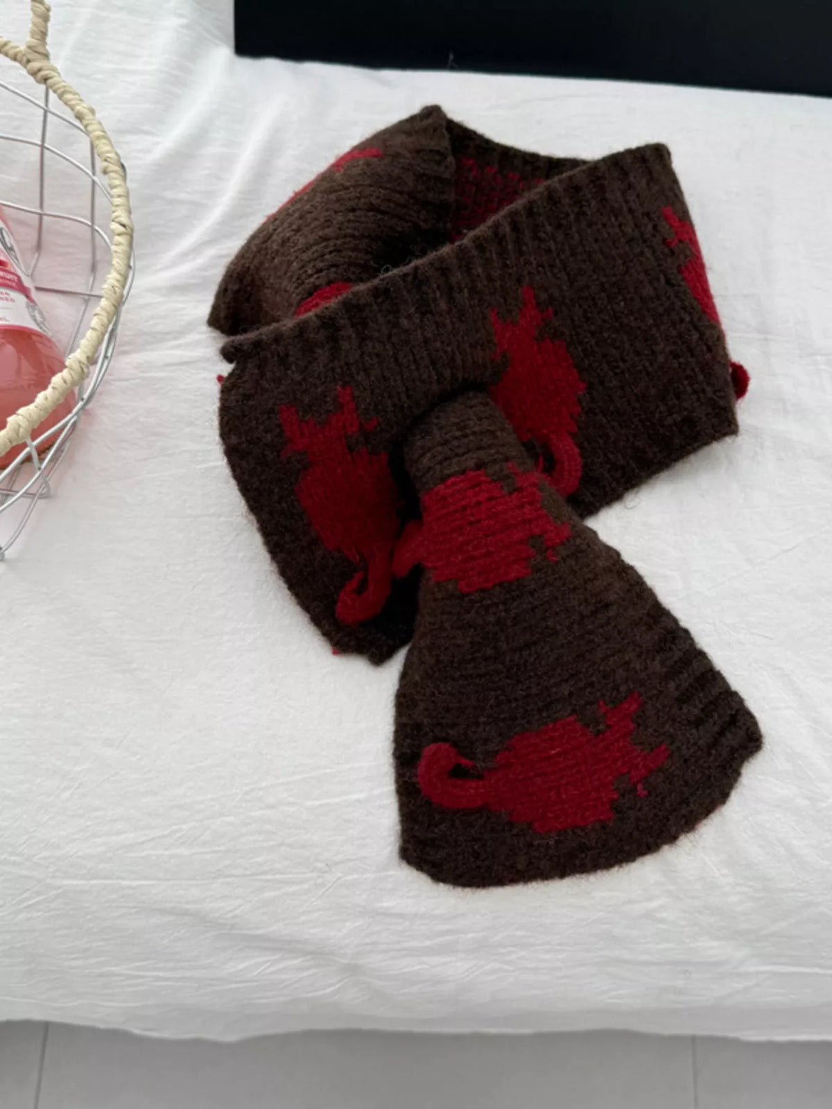 Unisex Short Cat Motif Scarf — dark brown scarf with red cat details