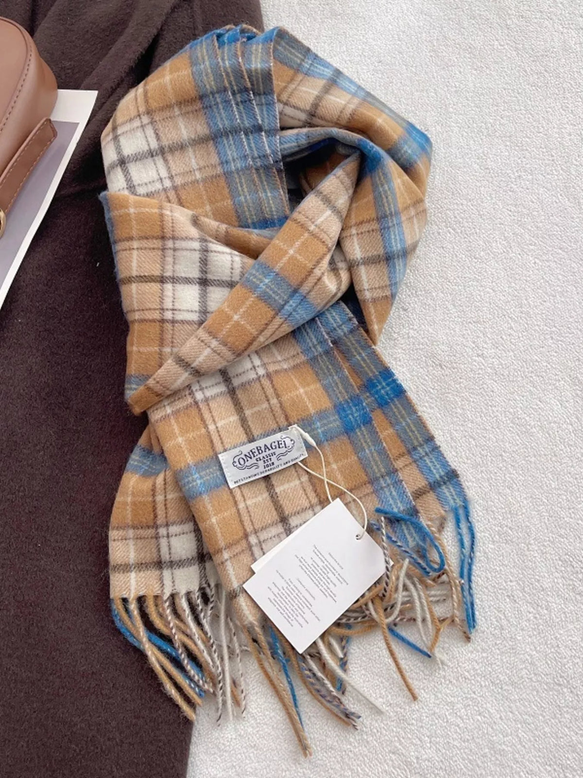 Unisex Heritage Wool Plaid Scarf — mustard blue and neutral checked scarf loosely knotted