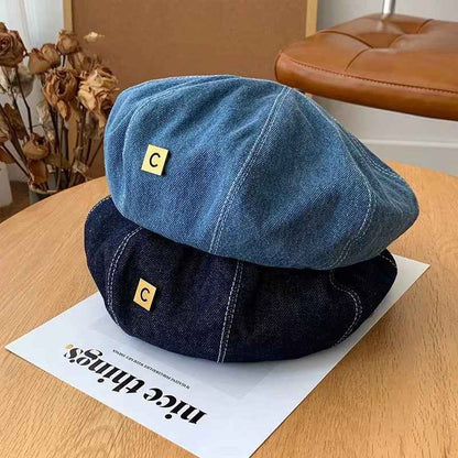 Women's C-Letter Denim Beret Hat