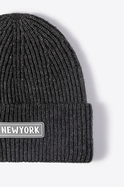 NEWYORK letter patch beanie close-up detail