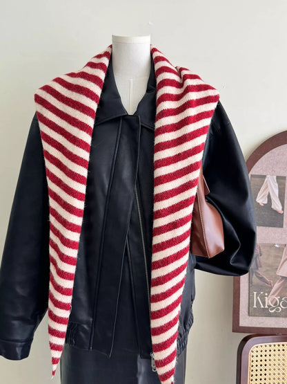 Unisex Striped Knitted Winter Scarf — 70.9-Inch — red stripe scarf worn open with both ends hanging