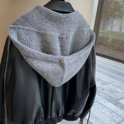 Unisex Hooded Tie Knit Scarf — rear view of the gray knitted hood