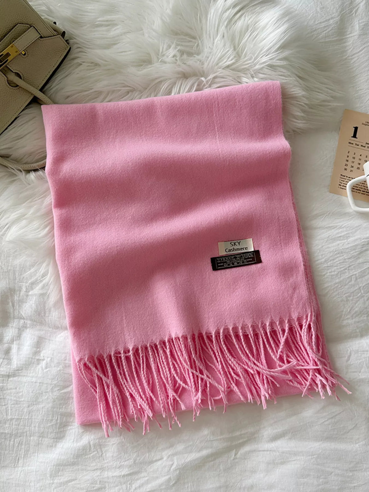 Unisex Long Soft Fringe Scarf — fuchsia pink solid scarf with a fringed end