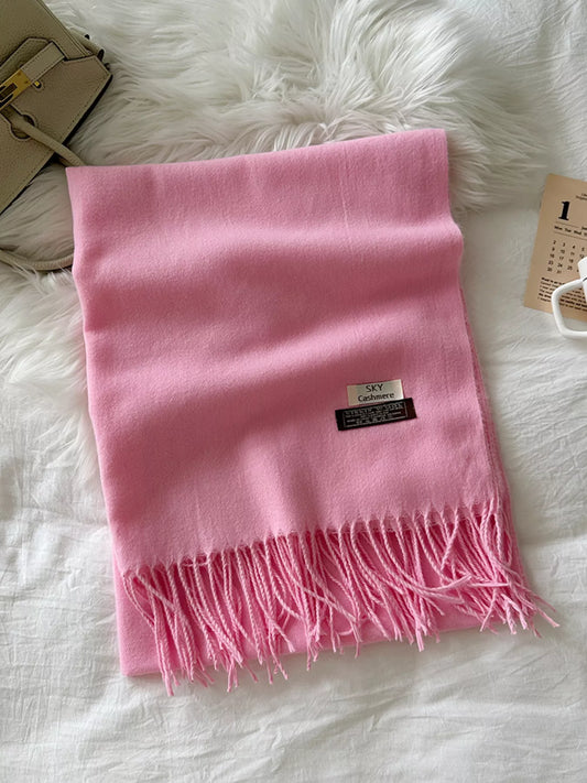 Unisex Long Soft Fringe Scarf — fuchsia pink solid scarf with a fringed end