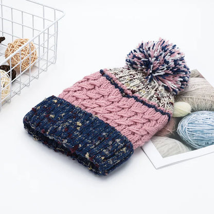 Unisex Contrast Knit Pom Pom Beanie - Pink brim profile