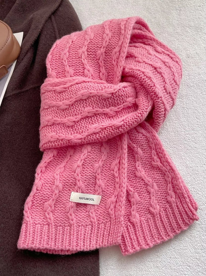 Unisex Wool Cozy Cable Knit Scarf — pink scarf tied to show raised cables and ribbed ends