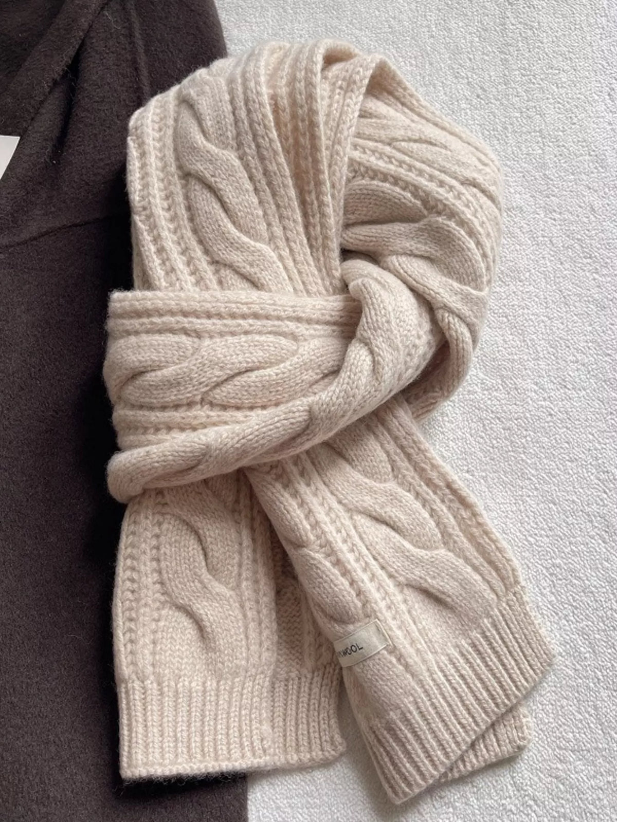 Unisex Wool Cable Knit Winter Scarf — off-white wool scarf with repeated cable texture
