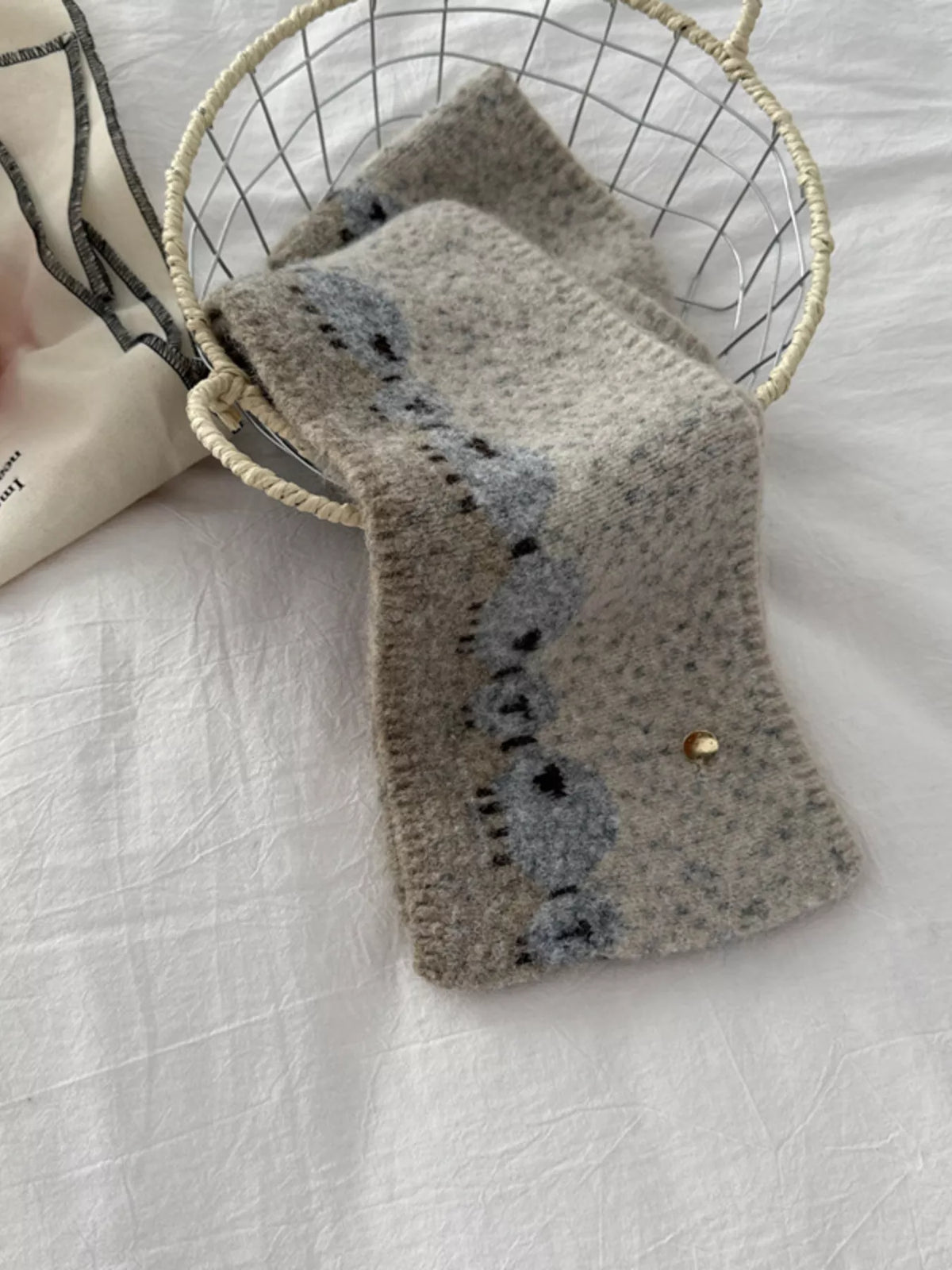 Unisex Sheep Motif Knit Scarf — khaki sheep motif scarf laid flat