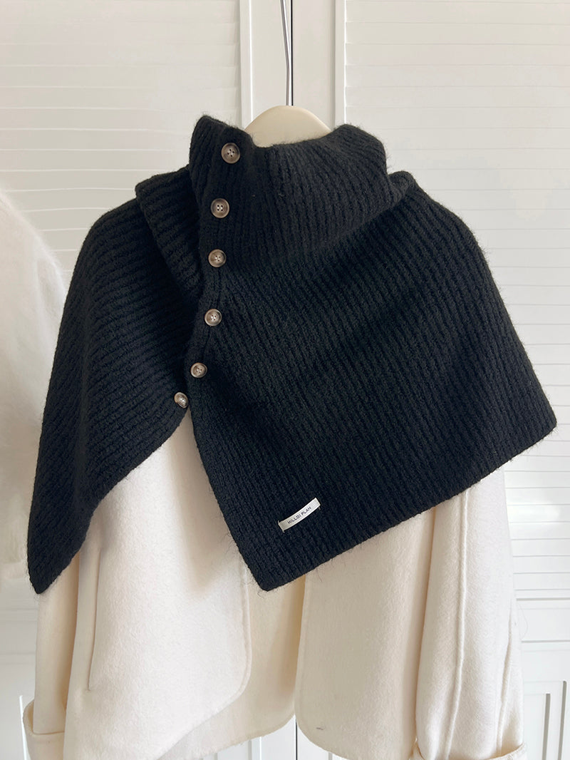 Women's High Neck Buttoned Knit Cape Shawl — black high collar cape shawl with button detail