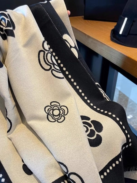 Women's Floral Pattern Raw Hem Scarf in Black - styled detail 2
