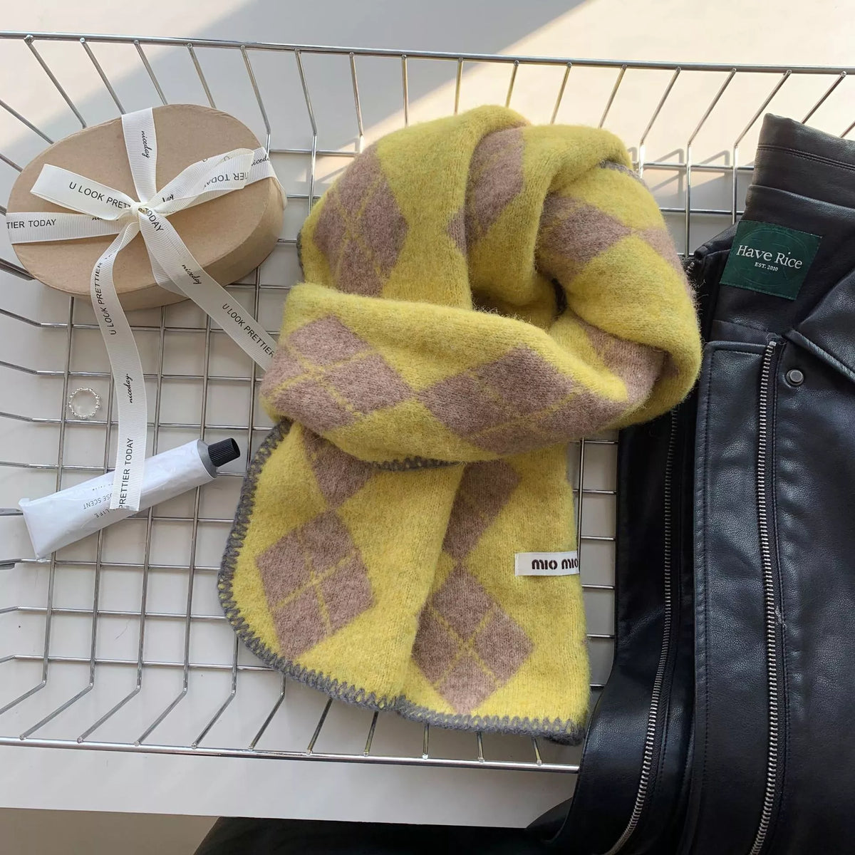 Unisex Argyle Pattern Warm Scarf — mustard scarf with pale contrasting diamonds