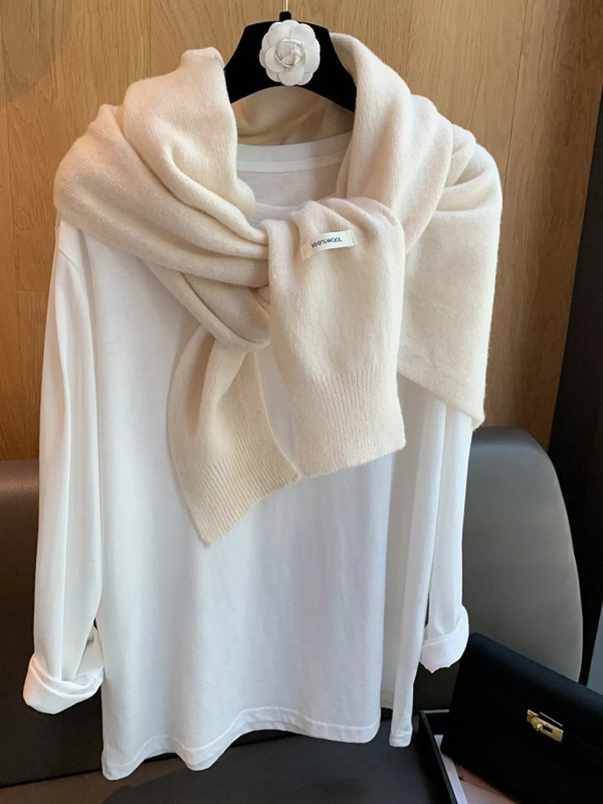 Women's Wool Knitted Asymmetrical Shawl — off-white shawl with front tie and hanging ends