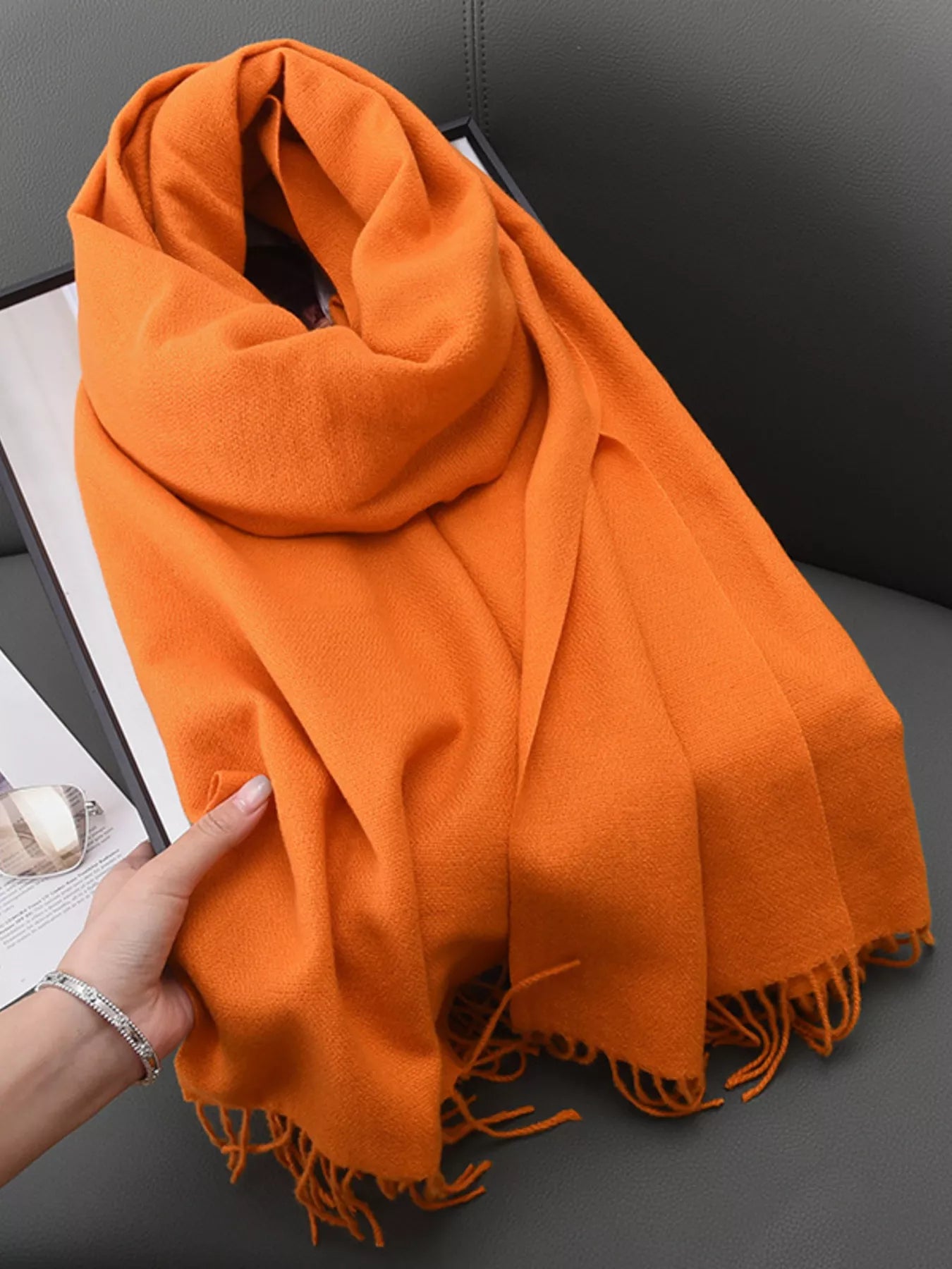 Unisex Heritage Solid Color Fringe Scarf in Light Gray - full-length view 6