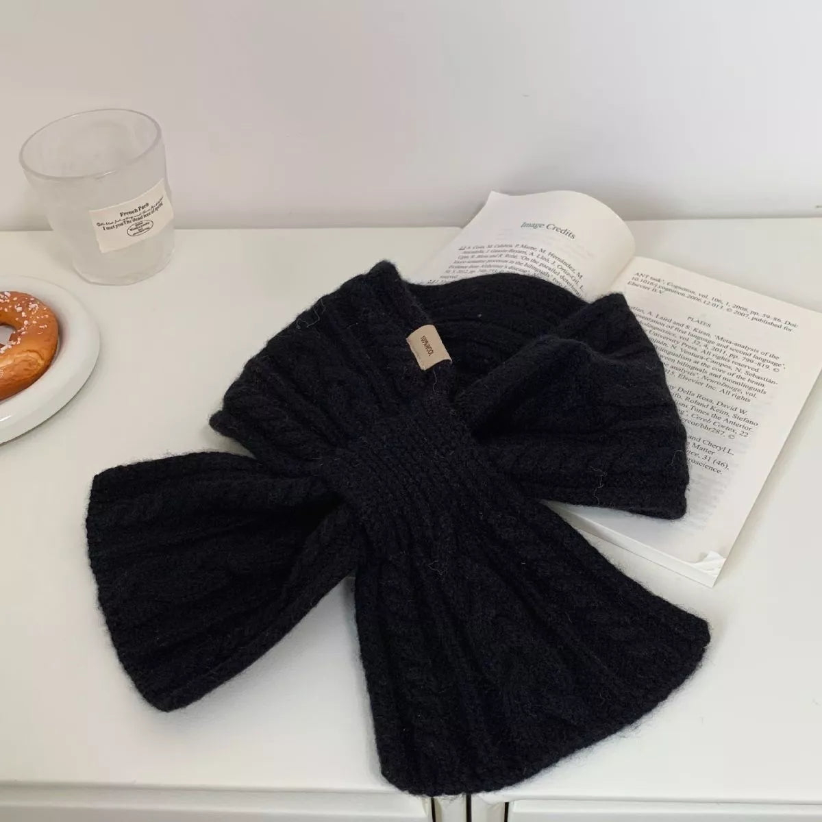 Unisex Cozy Cable Knit Scarf — black compact cable scarf with crossed ends