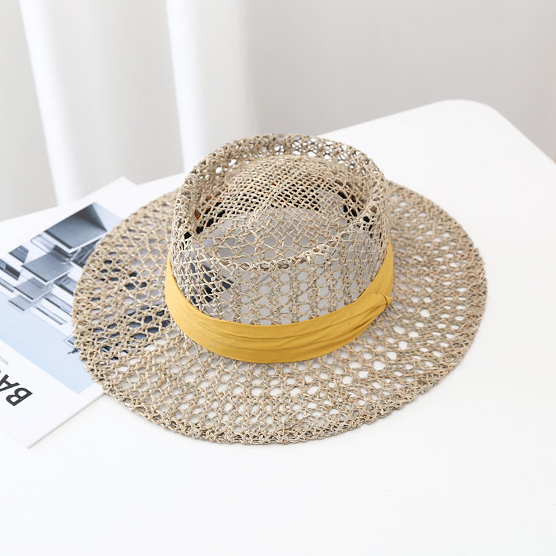 Yellow open-weave summer sun hat round crown