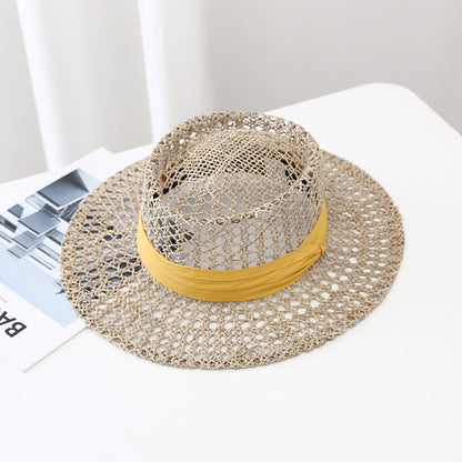 Yellow open-weave summer sun hat round crown